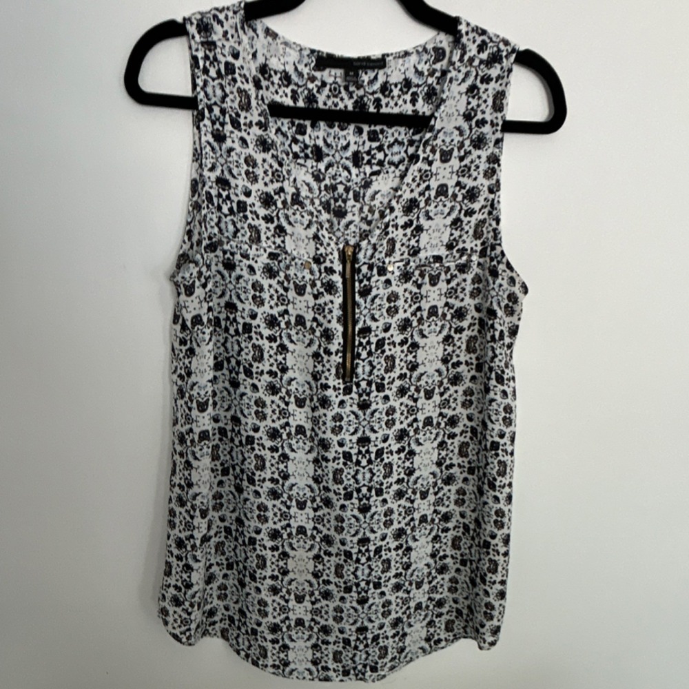 harvé benard Women's Sleeveless Floral Zip Front Blouse M Black White Polyester